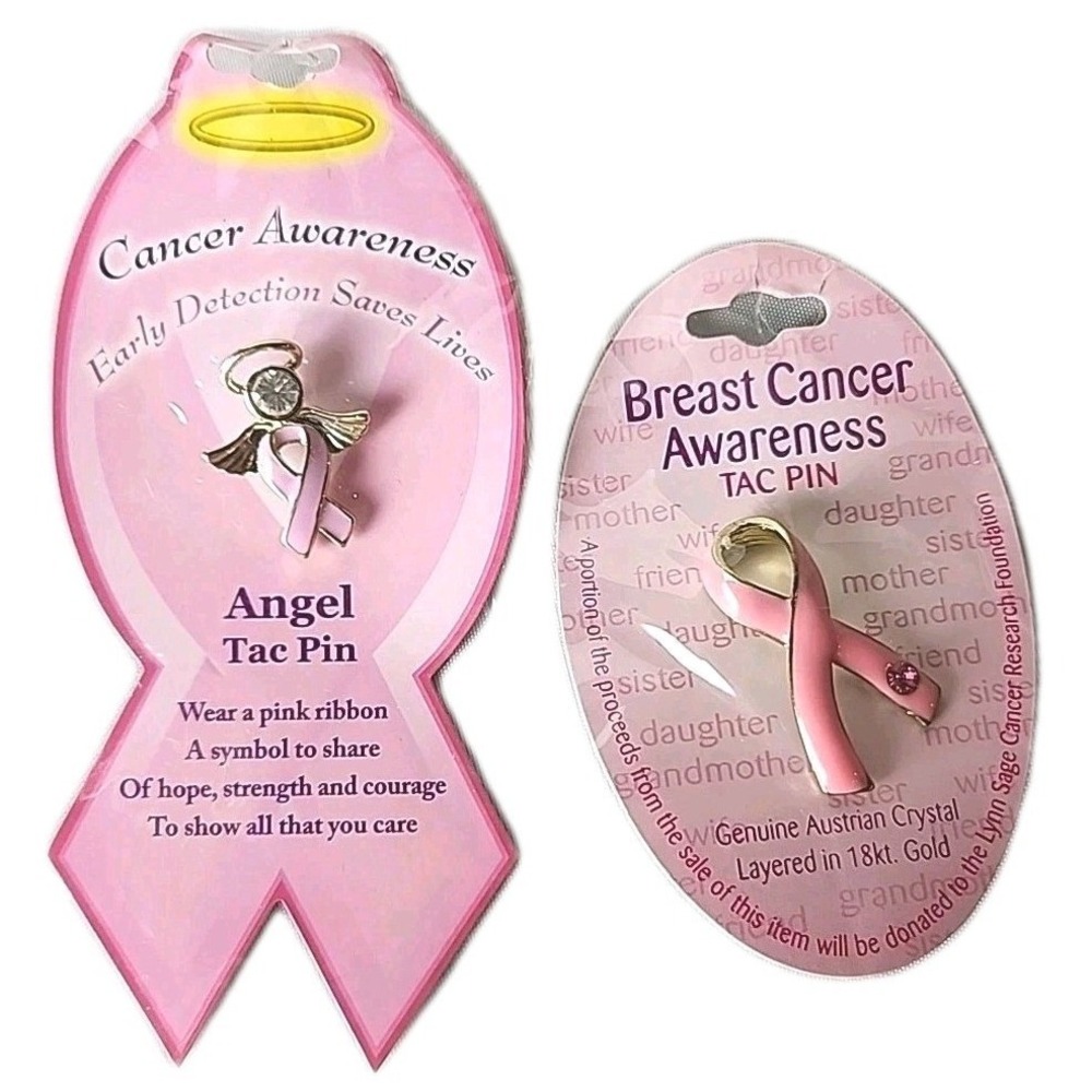NEW Lot 2 Breast Cancer Awareness October Pins Angel & 18kt Gold Pink Ribbon NIB